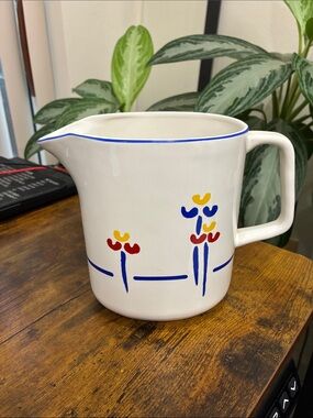 Riva Designs White Ceramic Pitcher with Blue Trim and Red & Yellow Floral Motifs